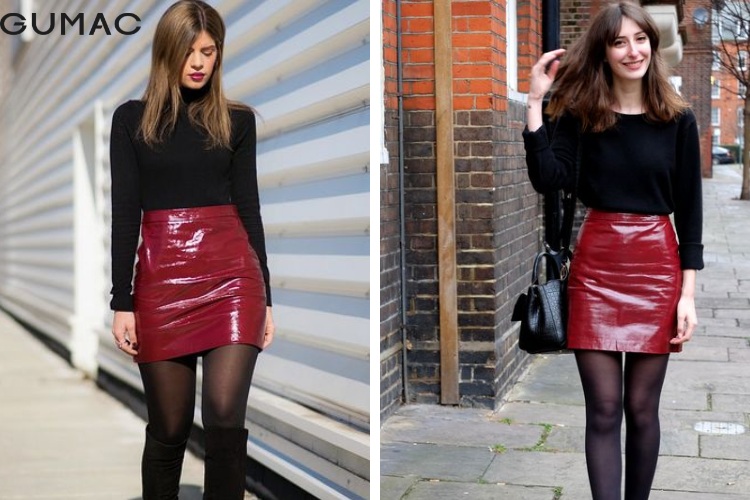 Chân váy da đỏ mix áo thun ôm